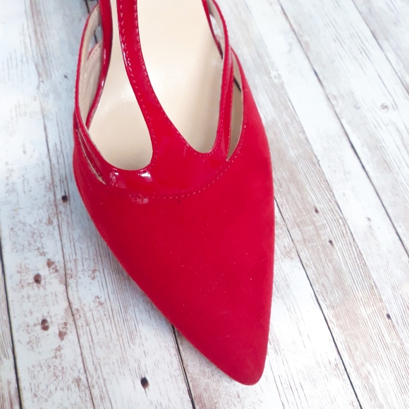 GUESS Strappy Red Suede Patent Leather Stilettos - Picture 5 of 9